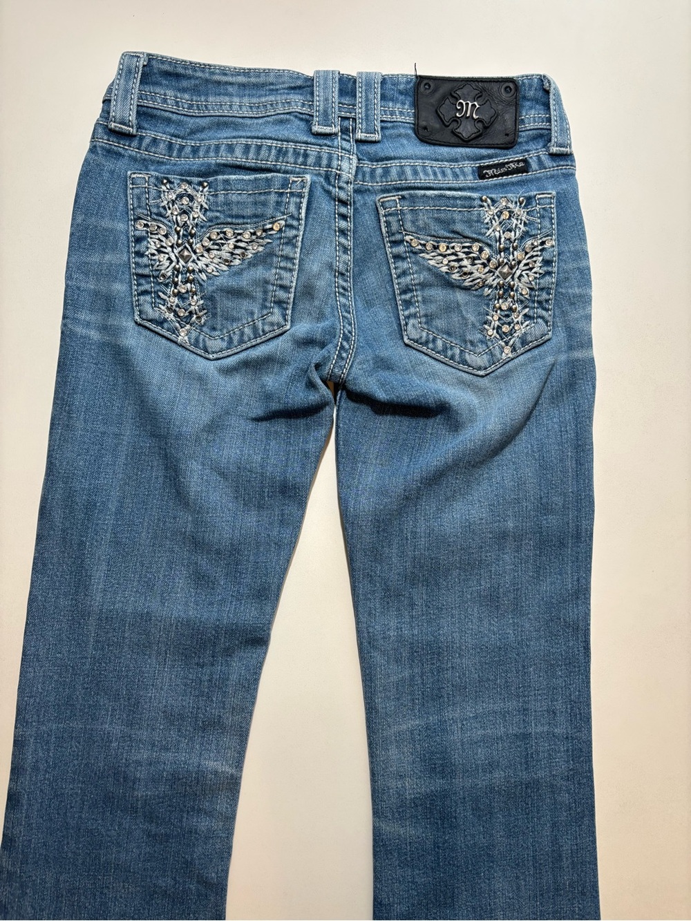 Miss Me embroidered cross Blue Embellished Back Pocket Flare boot cut Jeans - Picture 3 of 15